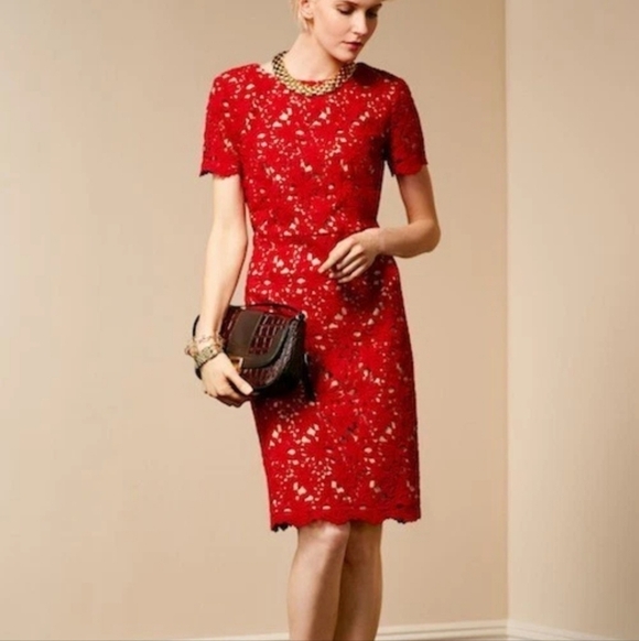Talbots Dresses & Skirts - Talbots Red Floral Lace Sheath Dress Women's Size 8 NWT Elegant Quiet Luxury